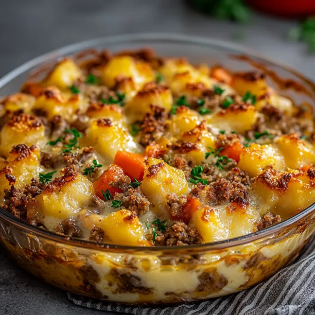 A casserole dish filled with meat and vegetables.