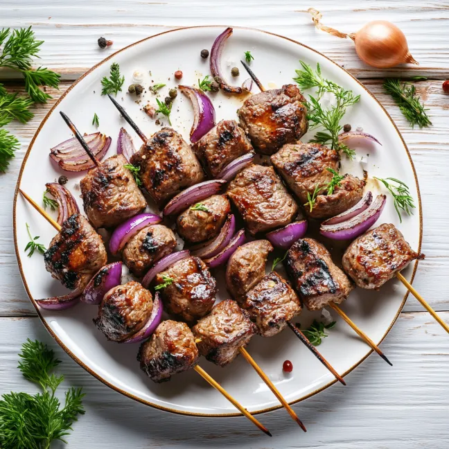 A plate of meat with onions and peppers.