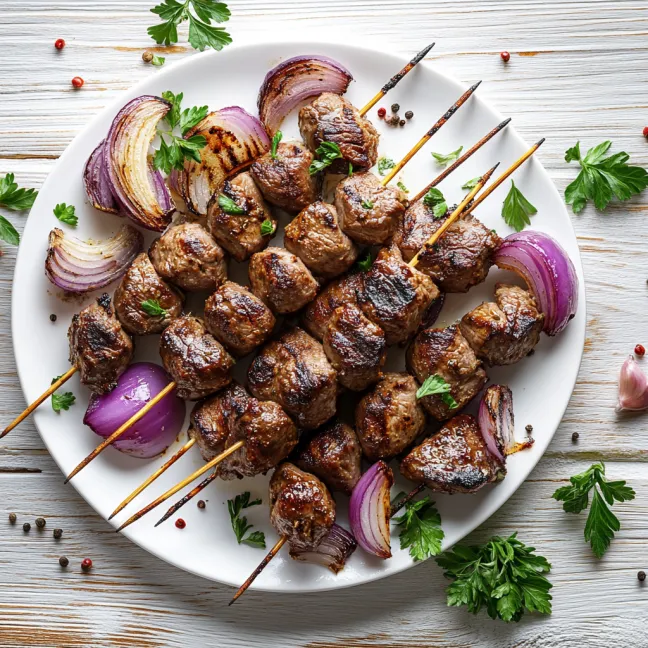 A plate of meat with onions and peppers.