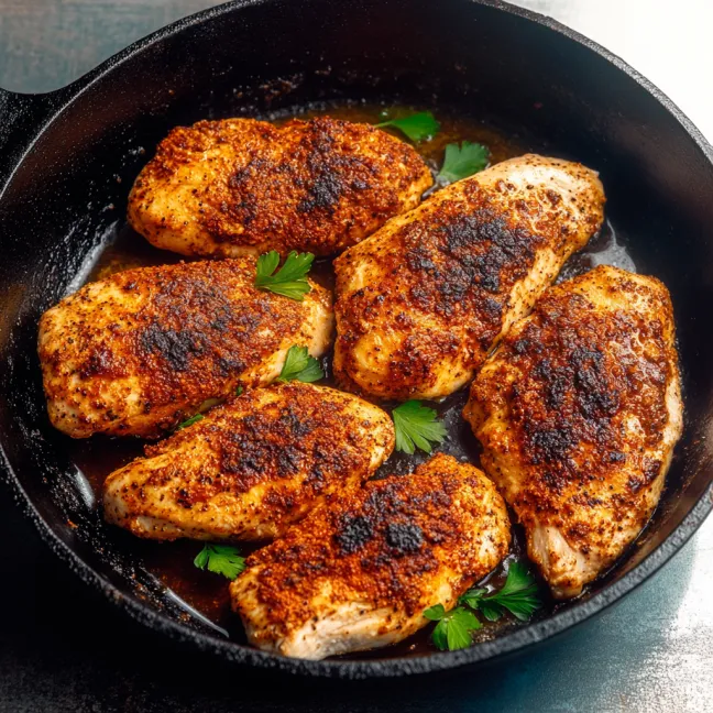 A pan of chicken with a green herb on top.