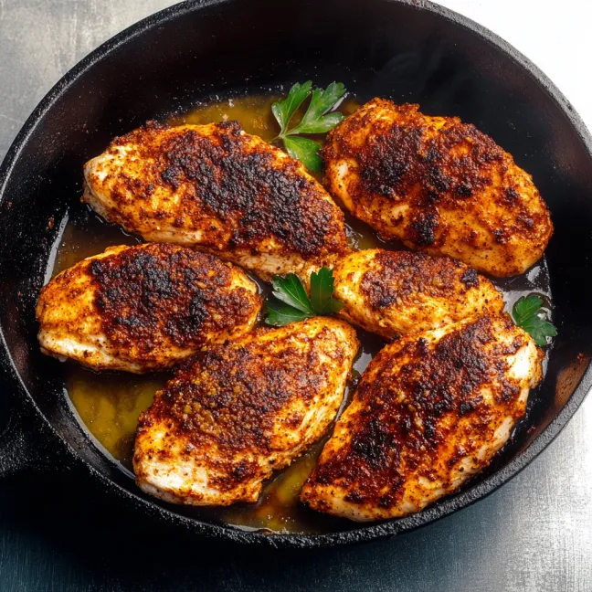A pan of chicken with a green herb on top.