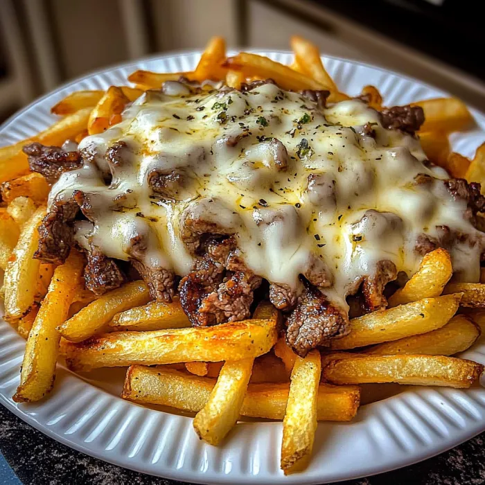 A plate of french fries with cheese on top.