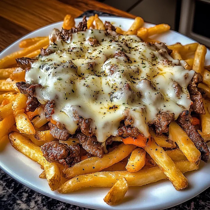 A plate of food with cheese and fries.