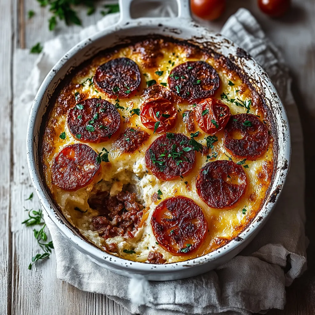 A white bowl with a casserole in it.