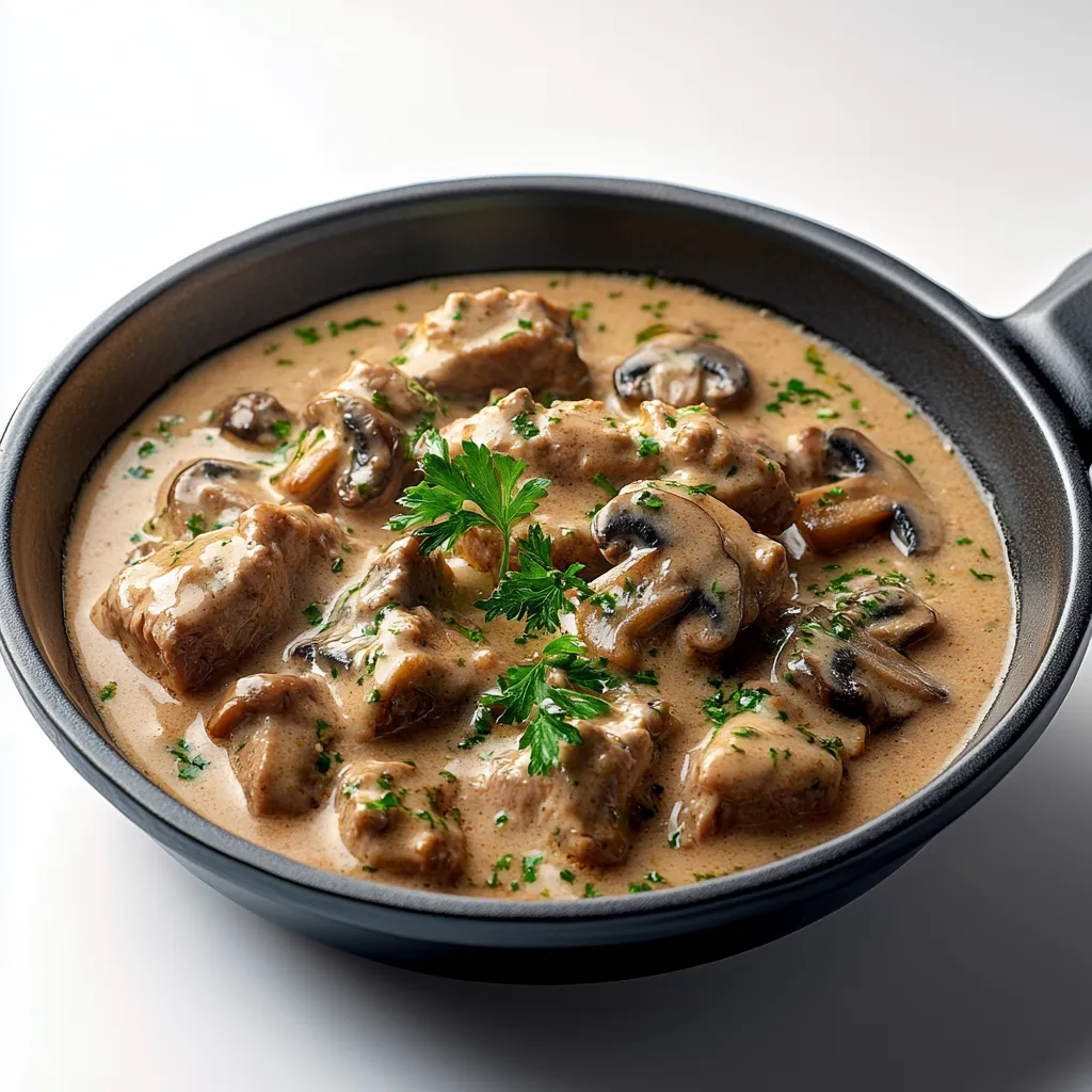 A bowl of food with mushrooms and meat.