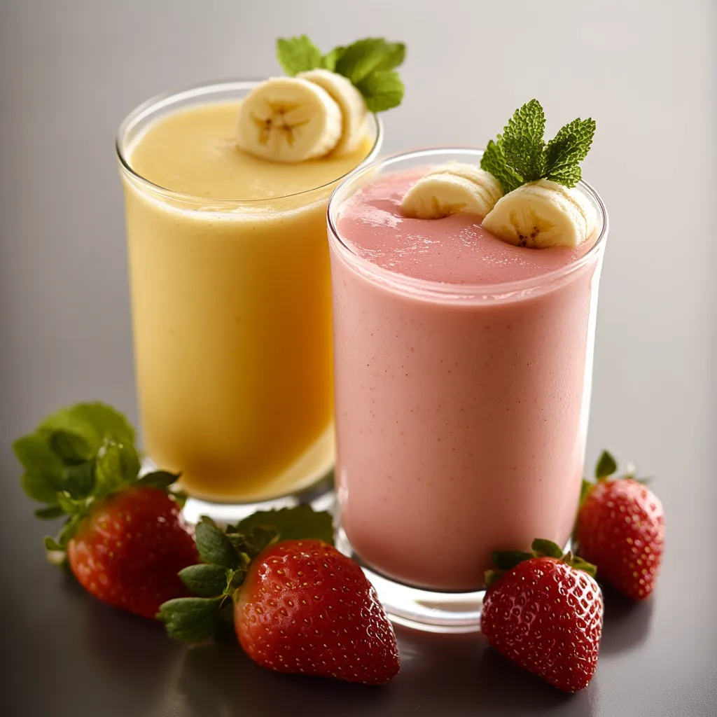 Two glasses of fruit juice with strawberries on the side.