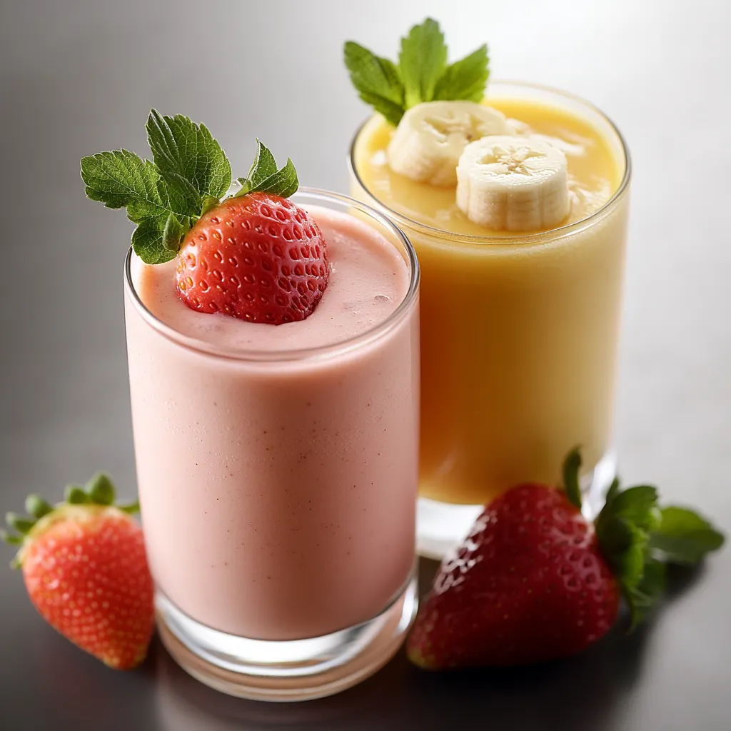 Two glasses of fruit juice with strawberries and bananas.