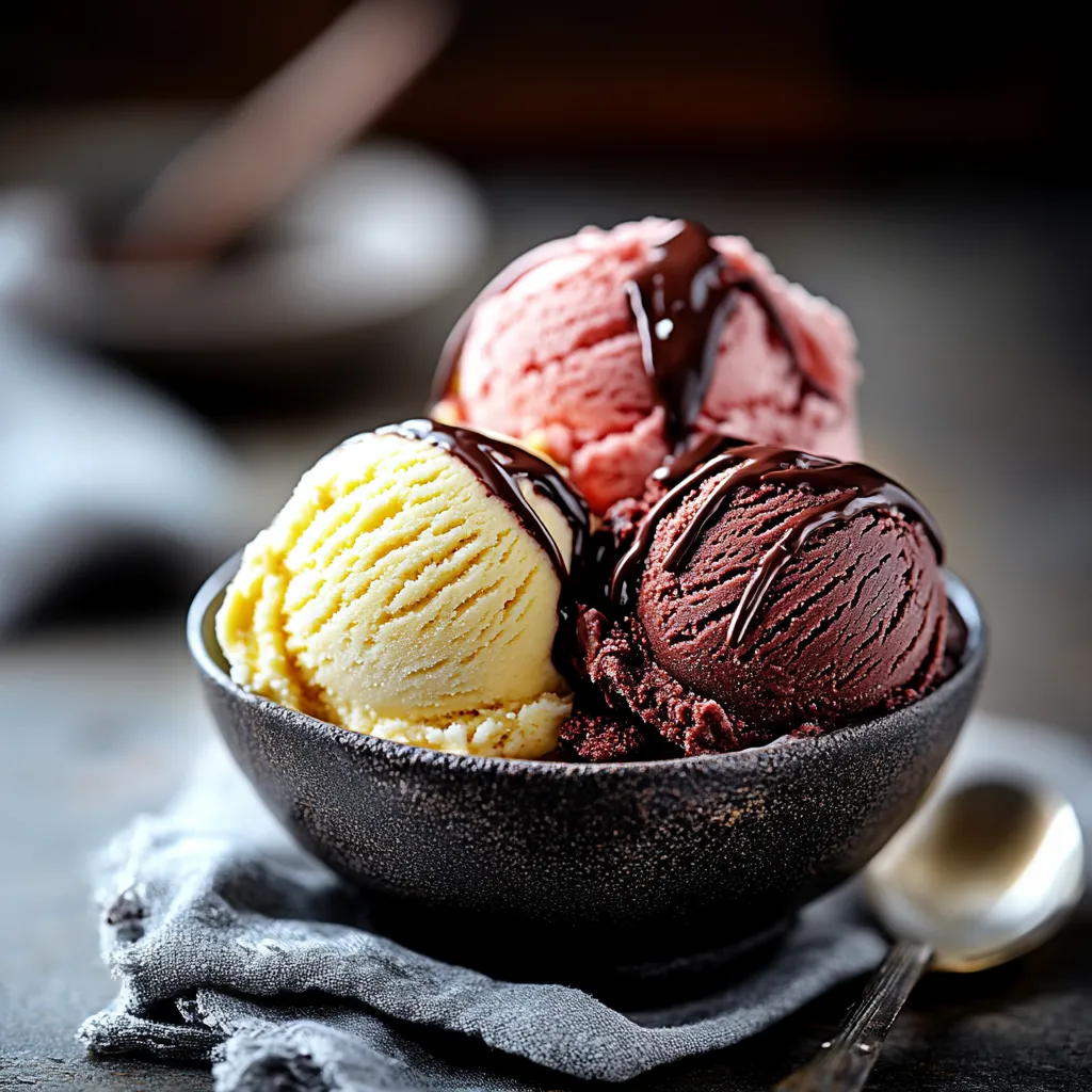 A bowl of ice cream with chocolate drizzle.