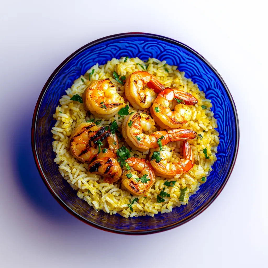 A bowl of rice with shrimp and herbs.