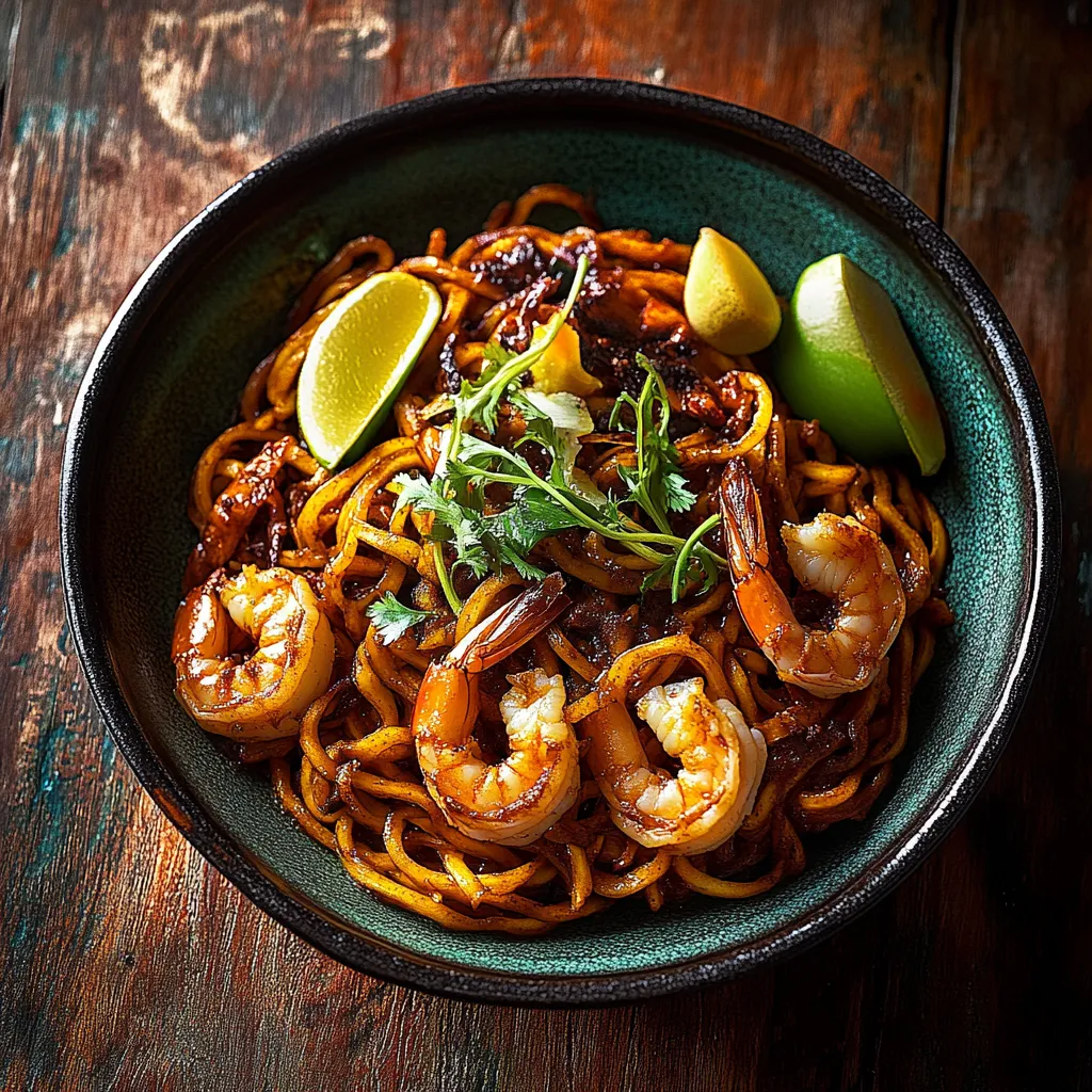 A bowl of noodles with shrimp and vegetables.