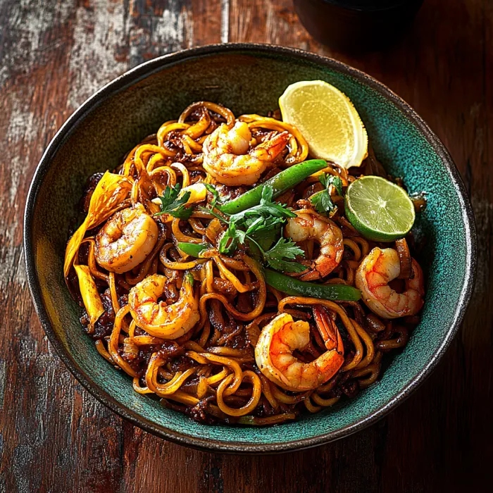 A bowl of shrimp noodles with a lemon wedge.