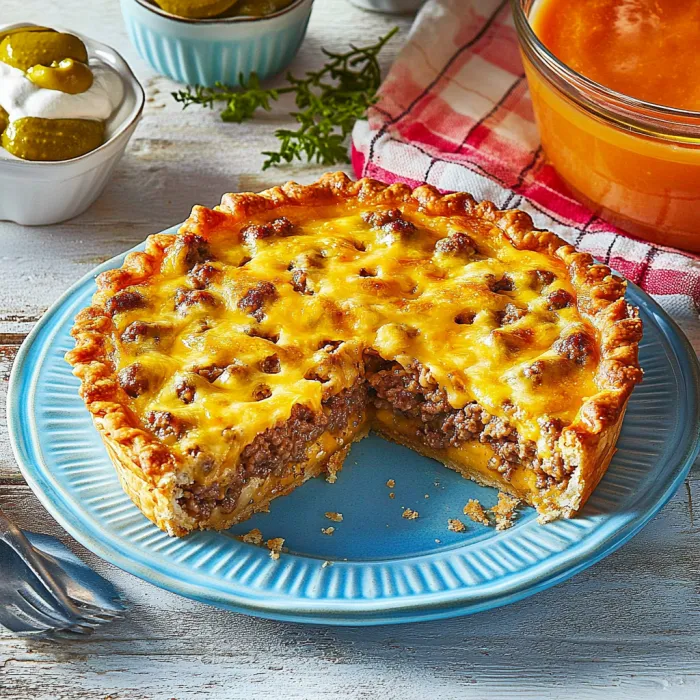 A slice of meat pie on a blue plate.