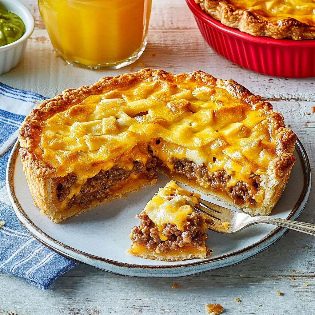 A slice of pie with cheese and meat on a plate.