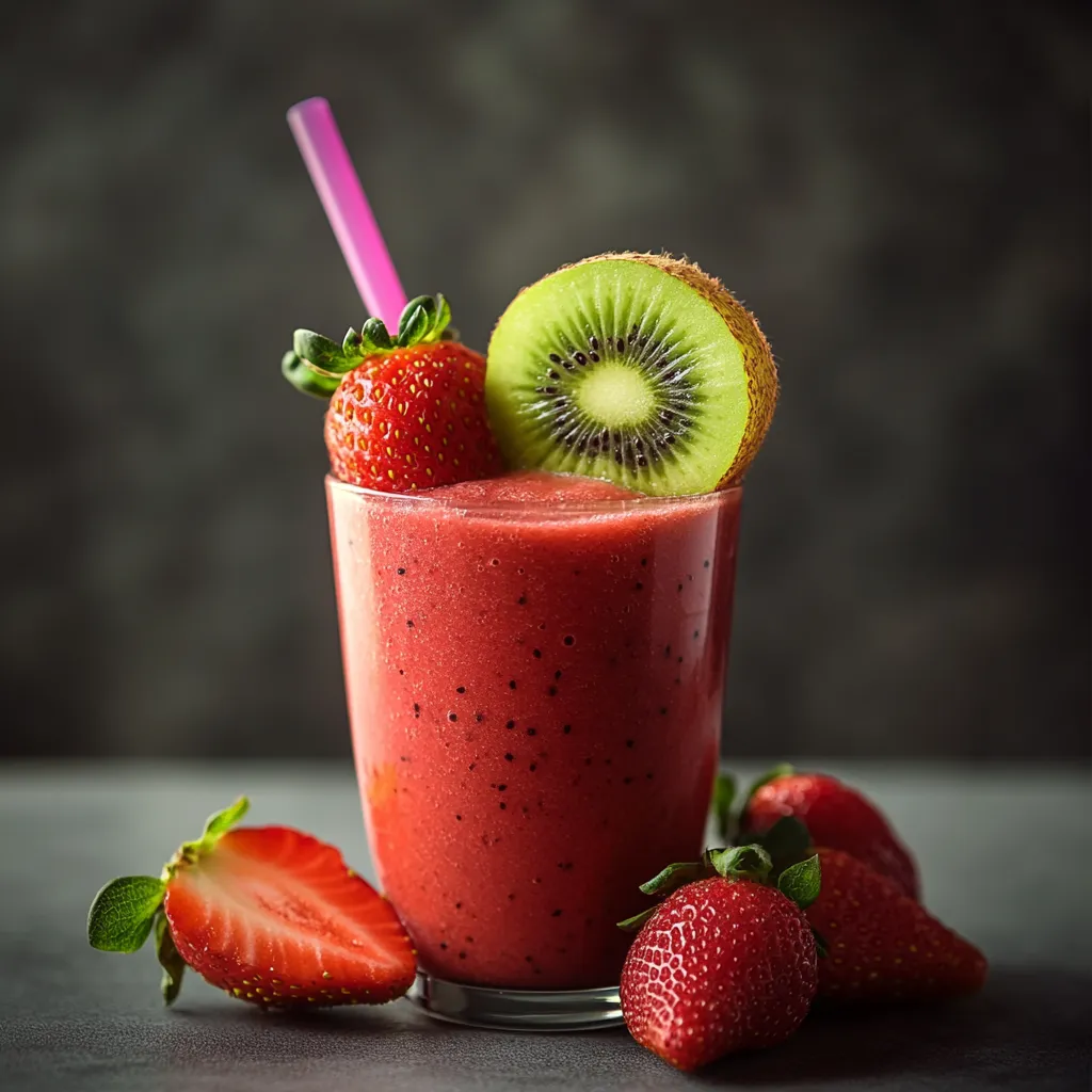A glass of strawberry kiwi juice with a pink straw.
