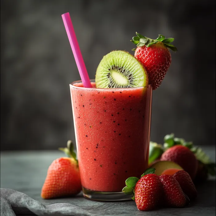A glass of strawberry kiwi juice with a pink straw.