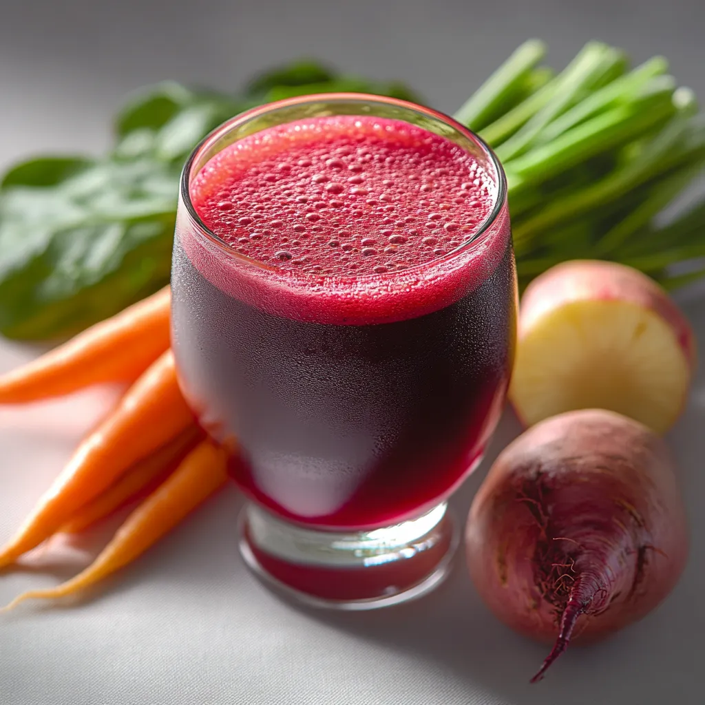 A glass of red juice with a carrot and a beet on the side.