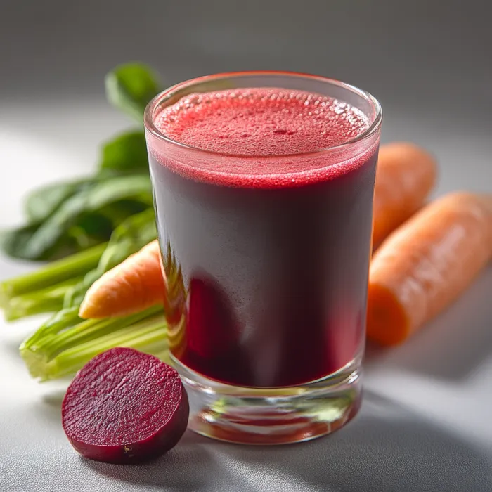 A glass of red juice with carrots and greens.