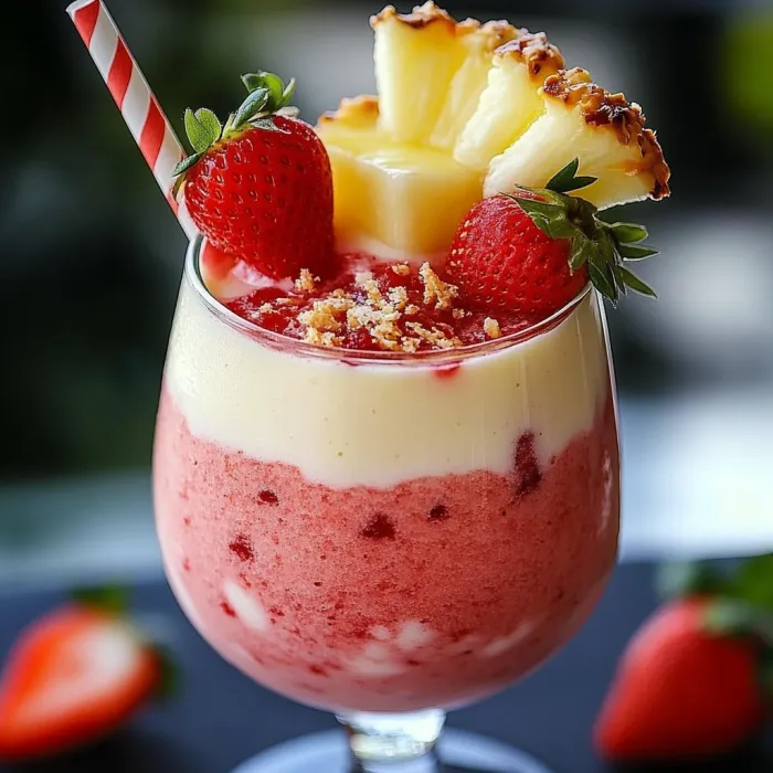 A glass of pineapple juice with strawberries on top.