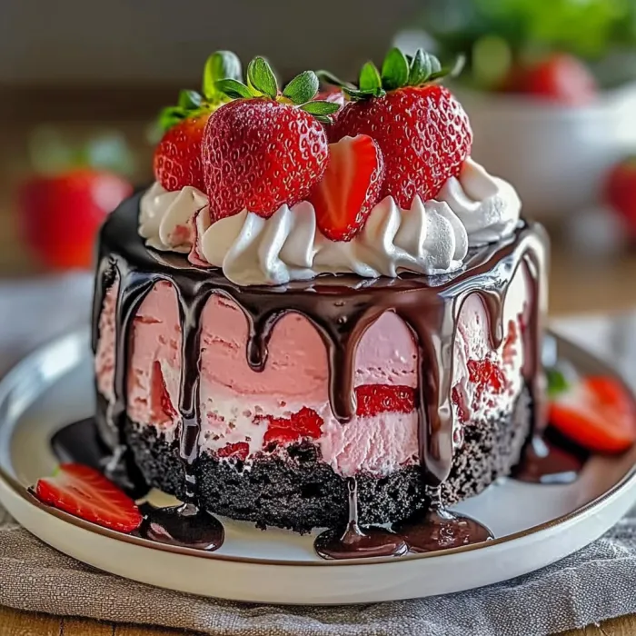 A slice of cake with chocolate and strawberries.