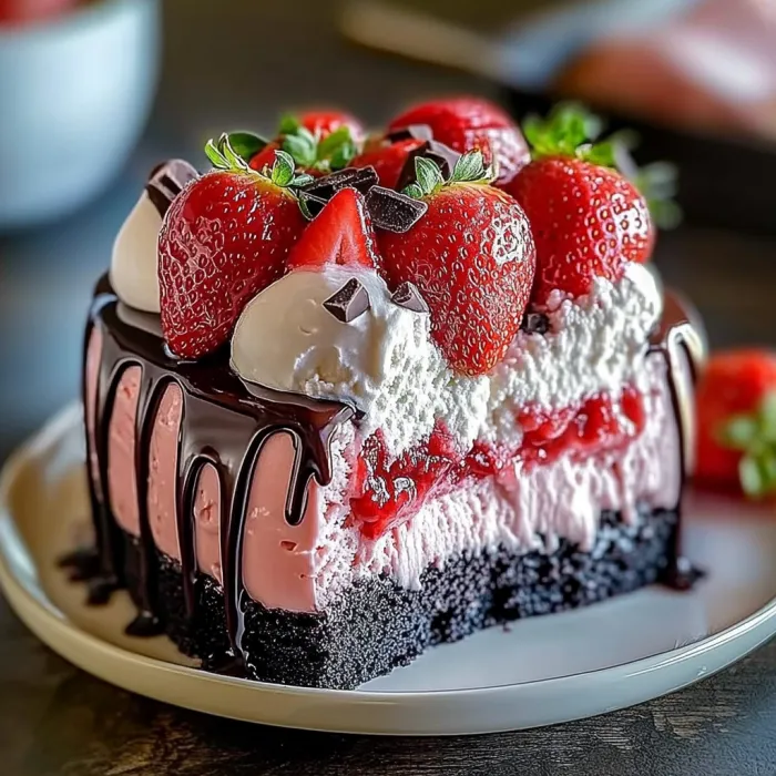 A slice of cake with strawberries and chocolate.