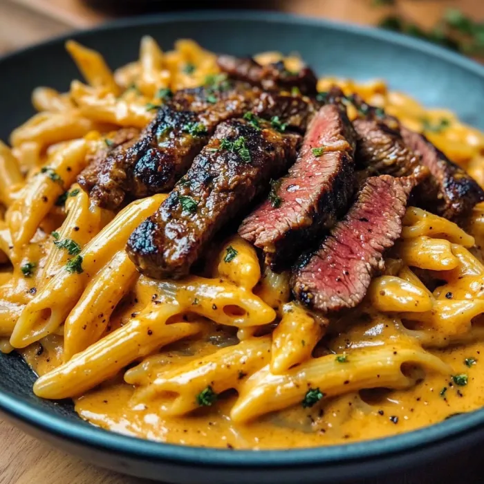 A plate of pasta with meat on top.