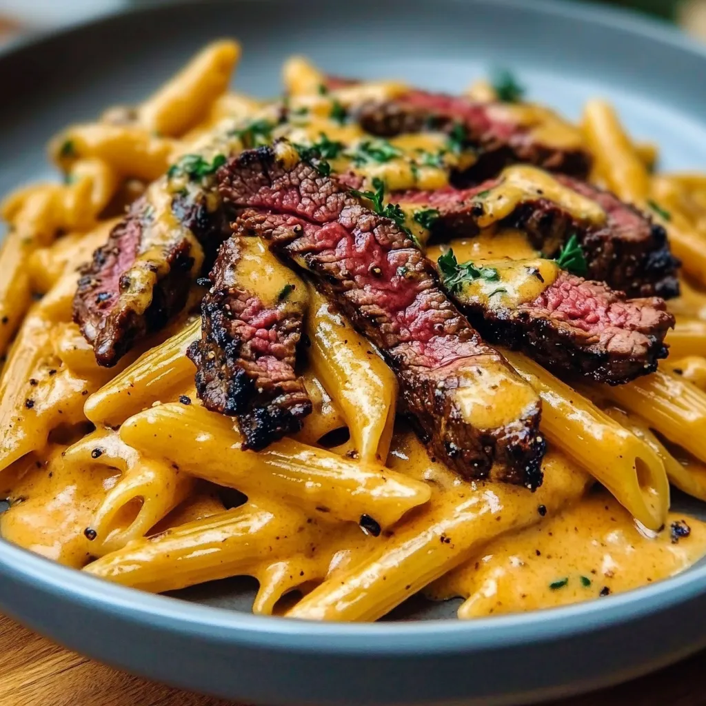 A plate of pasta with meat on top.