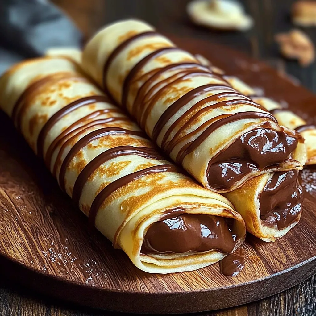 A chocolate covered crepe on a wooden cutting board.