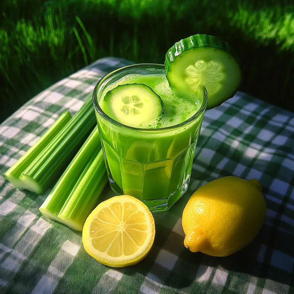 A glass of green juice with a lemon and a cucumber.