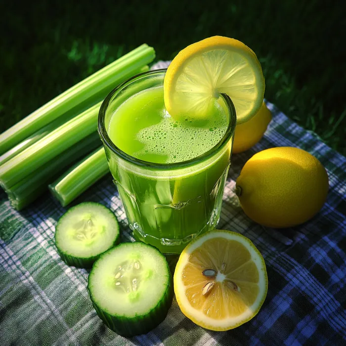 A glass of green juice with lemon slices and cucumber slices.
