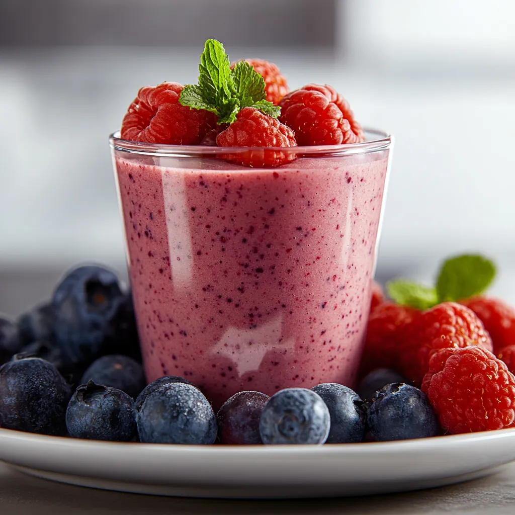 A glass of berries and blueberries.