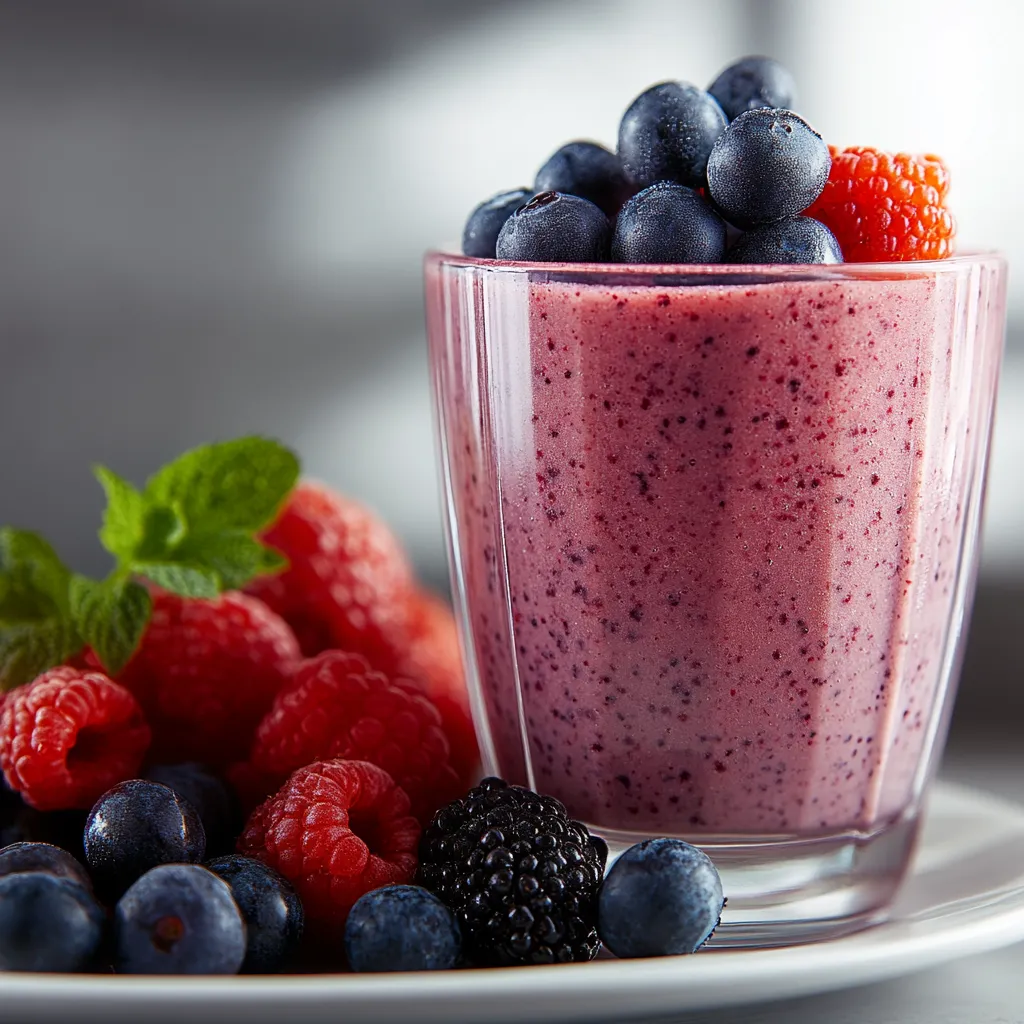 A glass of blueberry smoothie with a raspberry on top.