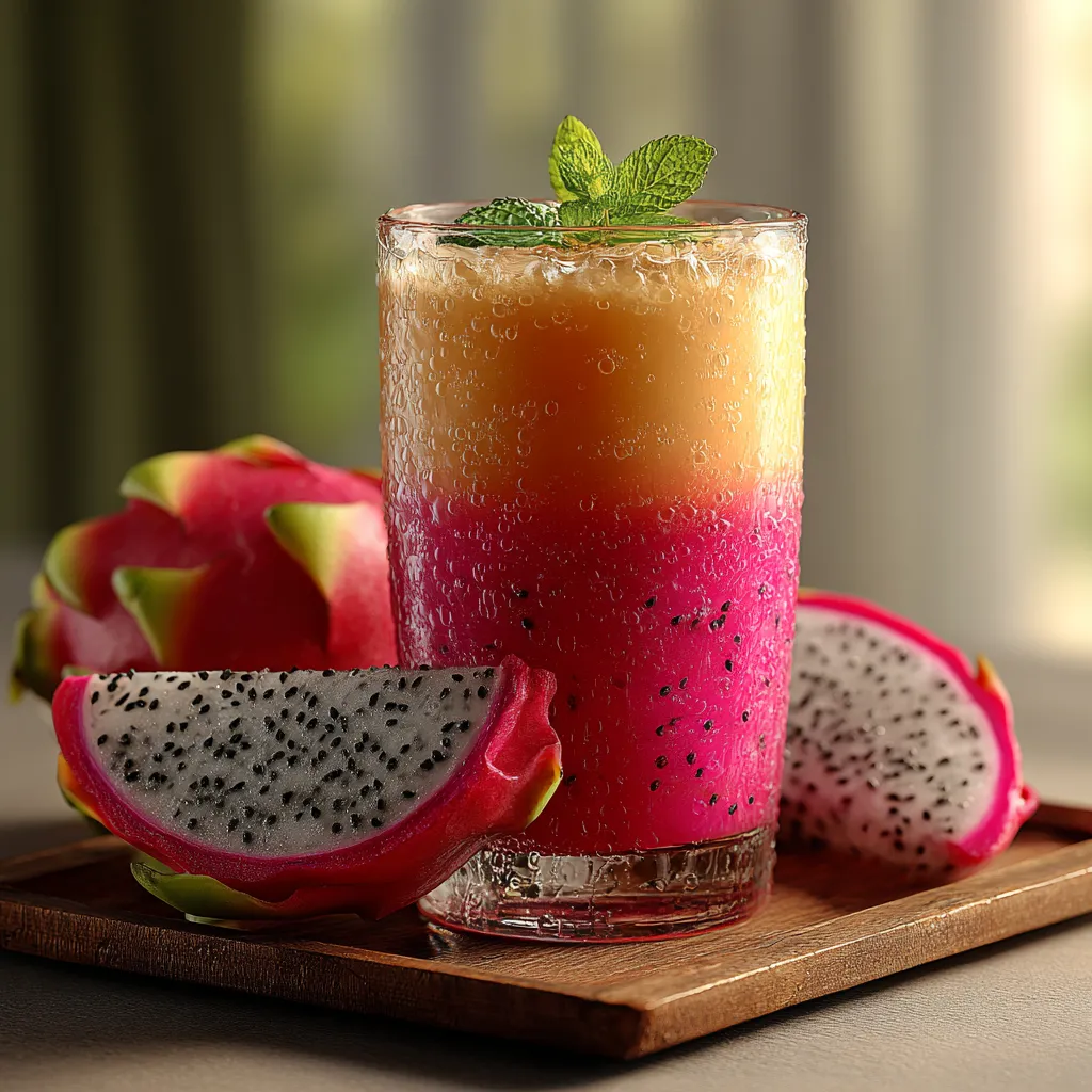 A glass of pink and orange drink with a slice of pineapple on the side.