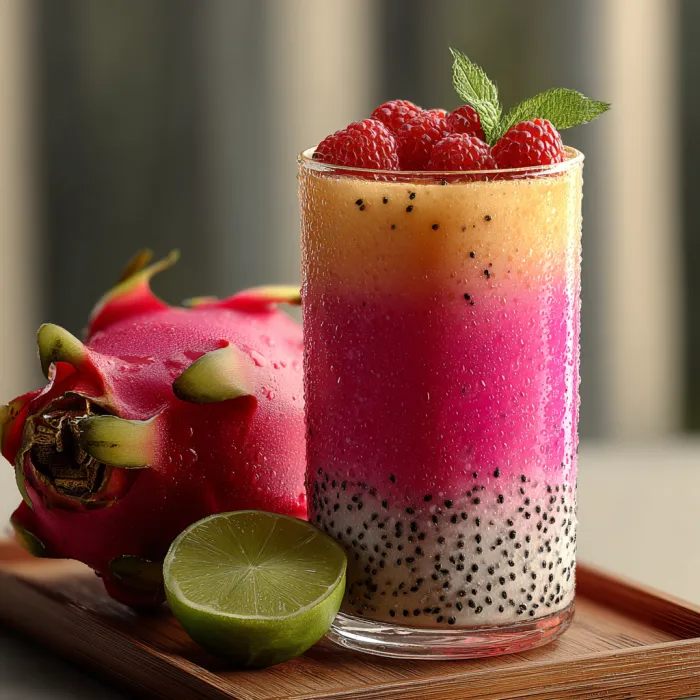 A glass of pink and yellow drink with a slice of pink fruit.
