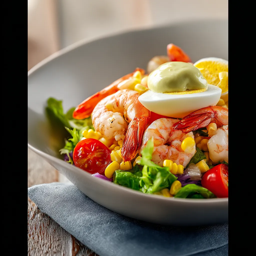 A bowl of shrimp salad with tomatoes and corn.