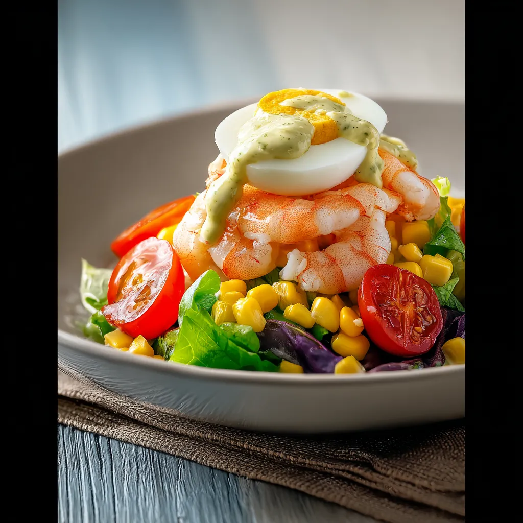 A plate of food with shrimp, tomatoes, corn, and eggs.