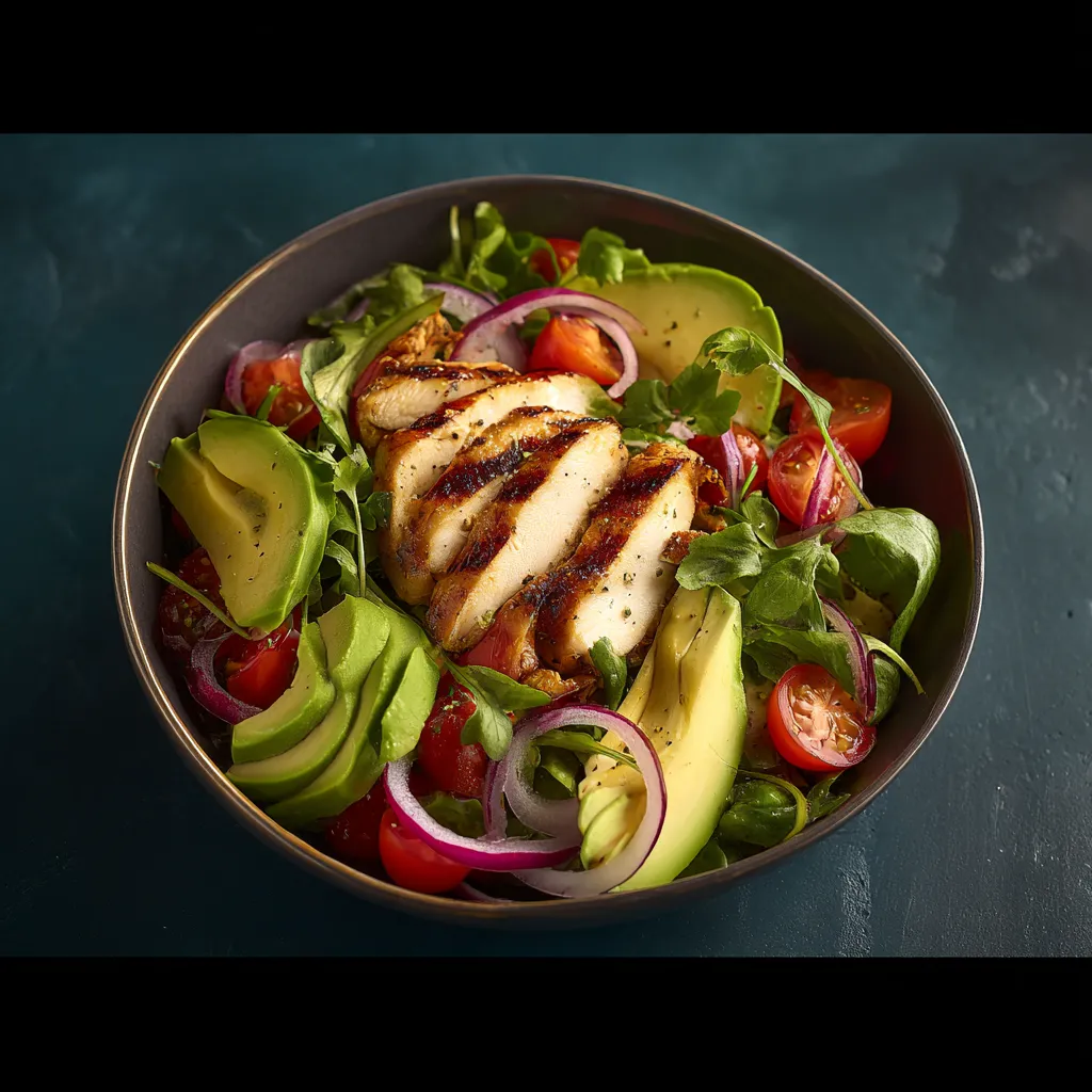 A bowl of food with chicken, avocado, tomato, and onion.