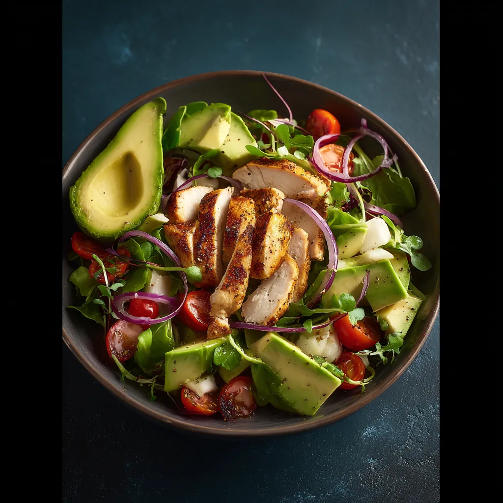 A bowl of food with chicken, avocado, tomatoes, and lettuce.