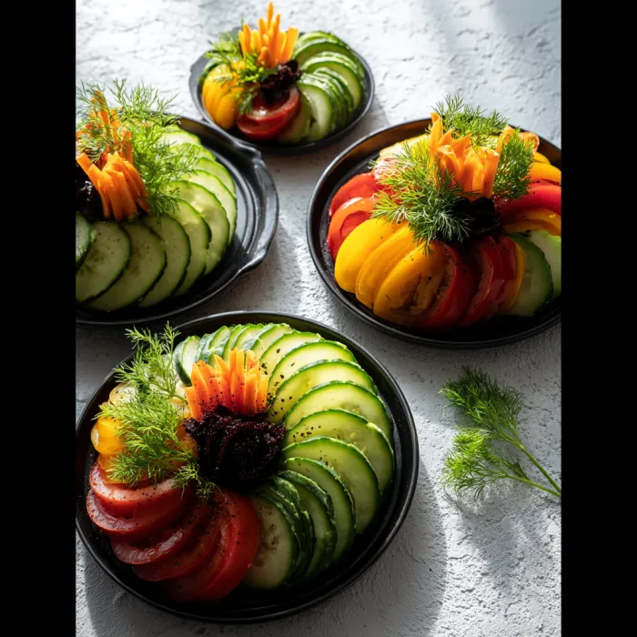 Three plates of food with vegetables and fruits.