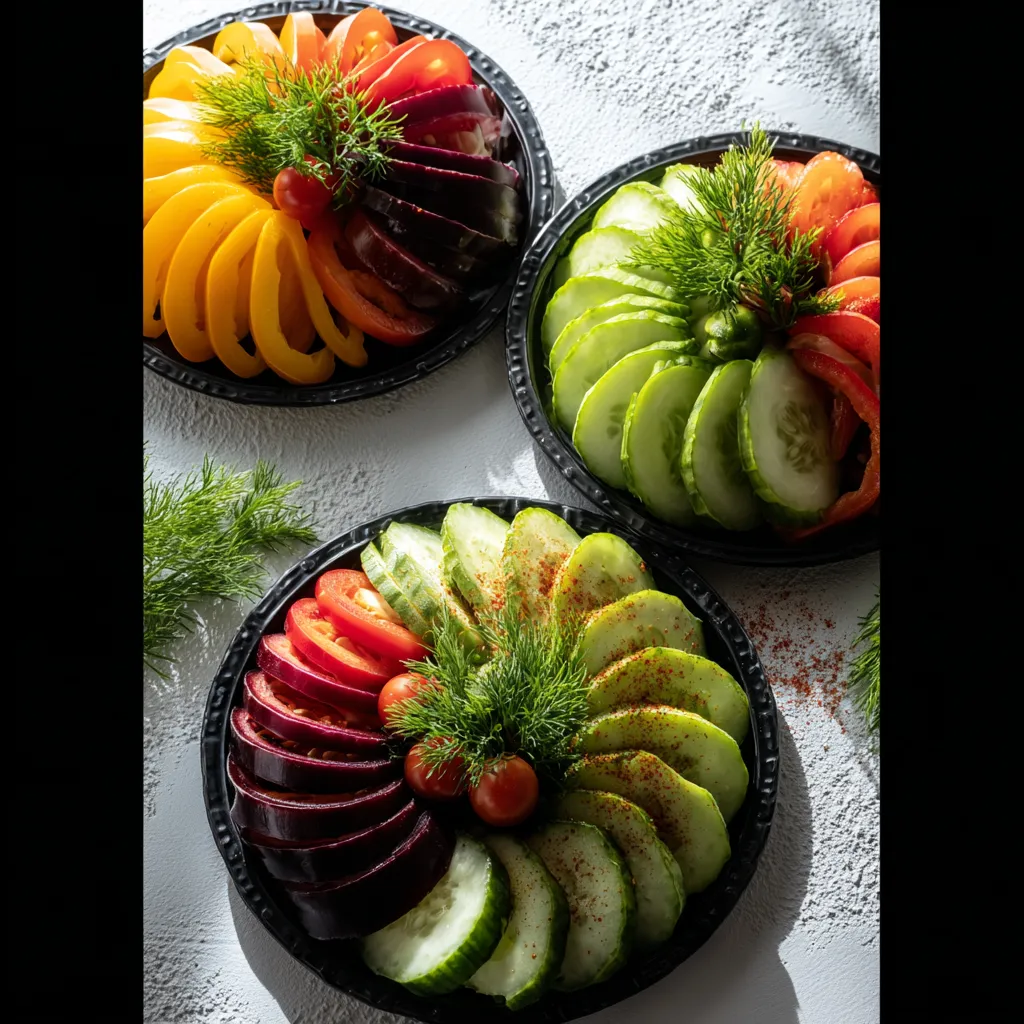 Three black trays filled with various fruits and vegetables.