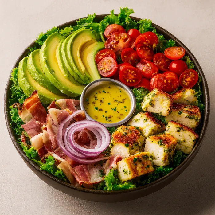 A bowl of food with chicken, avocado, tomatoes, and onions.