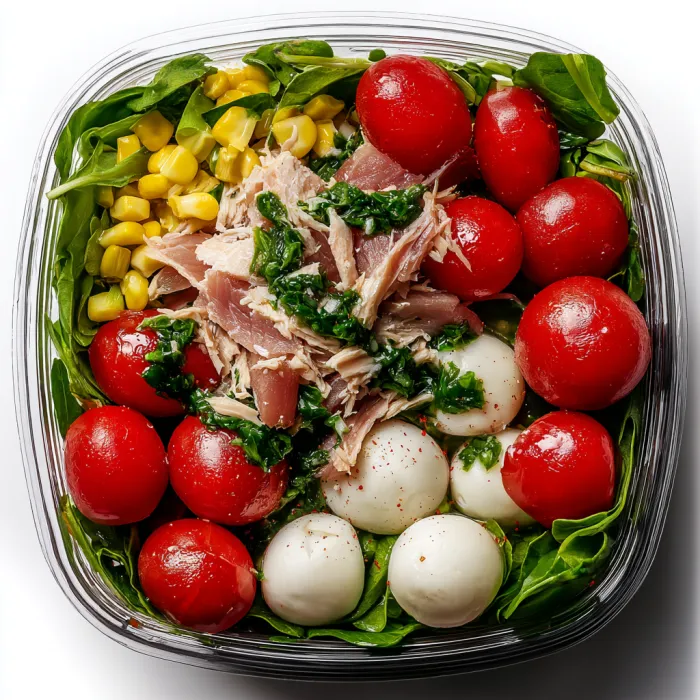 A salad with tomatoes, corn, and chicken.