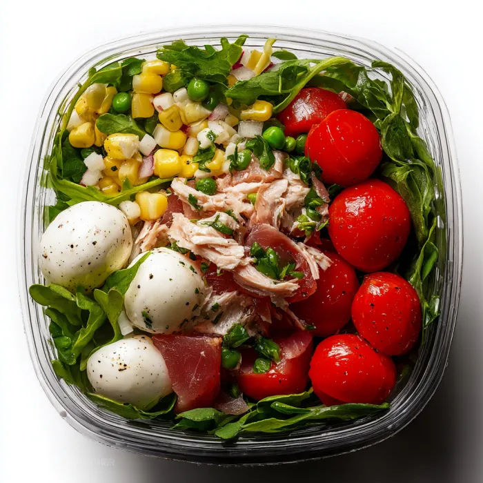 A salad with tomatoes, corn, peas, and ham.