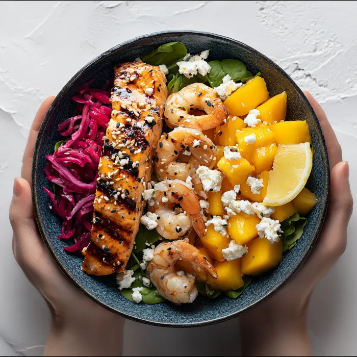 A bowl of food with shrimp, pineapple, and blue cheese.