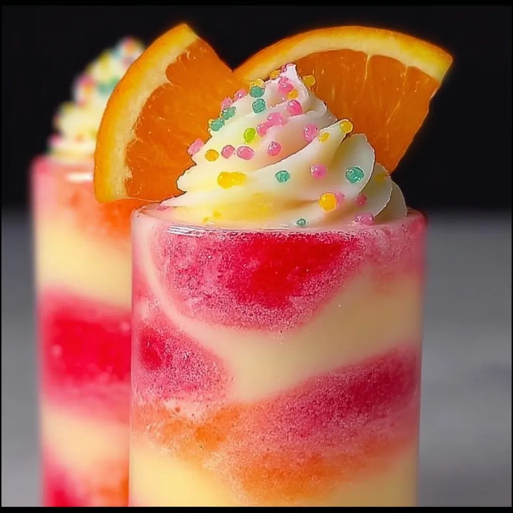 A frozen dessert with orange slices on top.