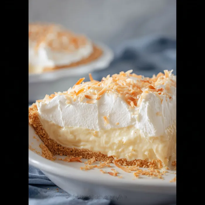 A slice of pie with coconut on top.