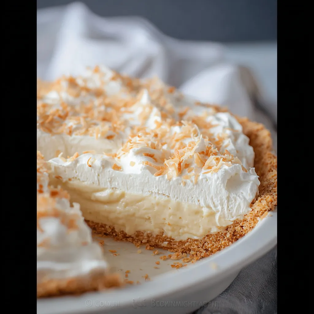 A slice of pie with coconut on top.