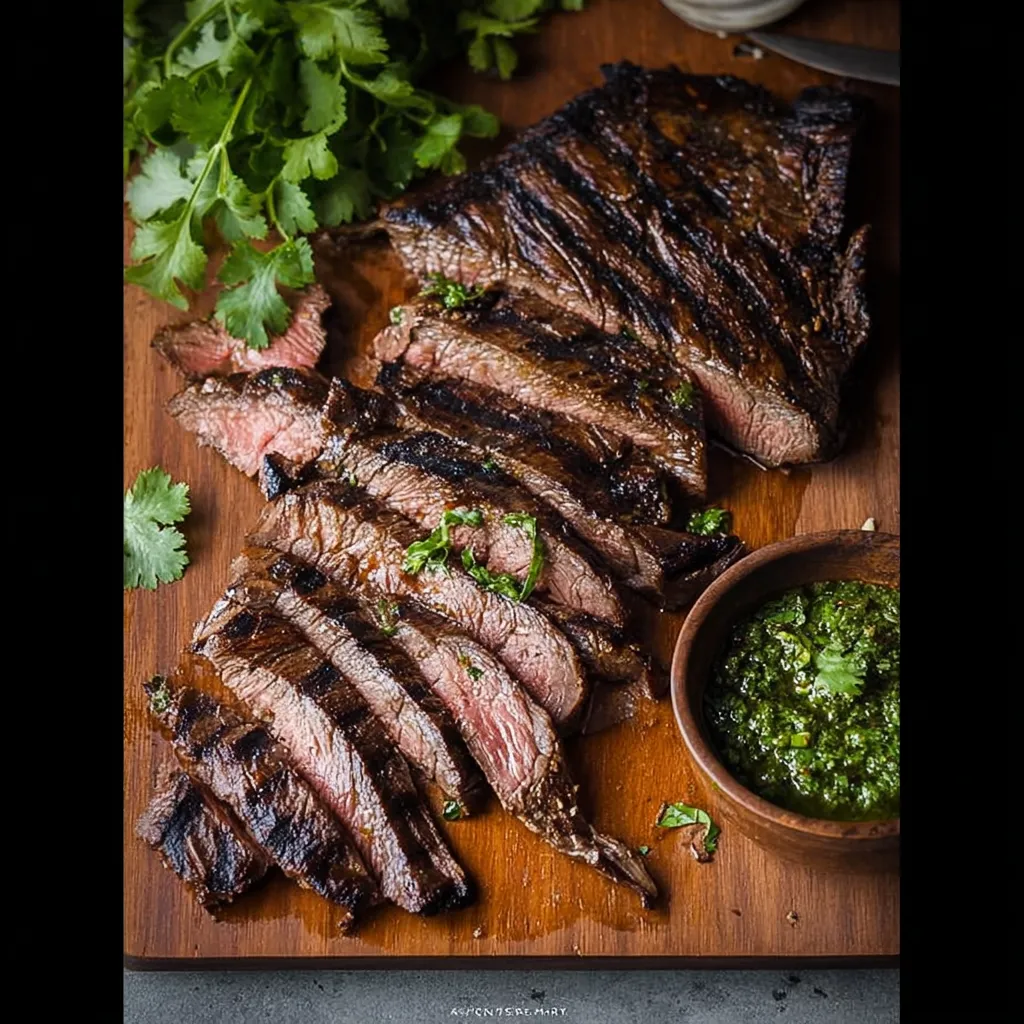 A close up of a steak on a wooden cutting board.