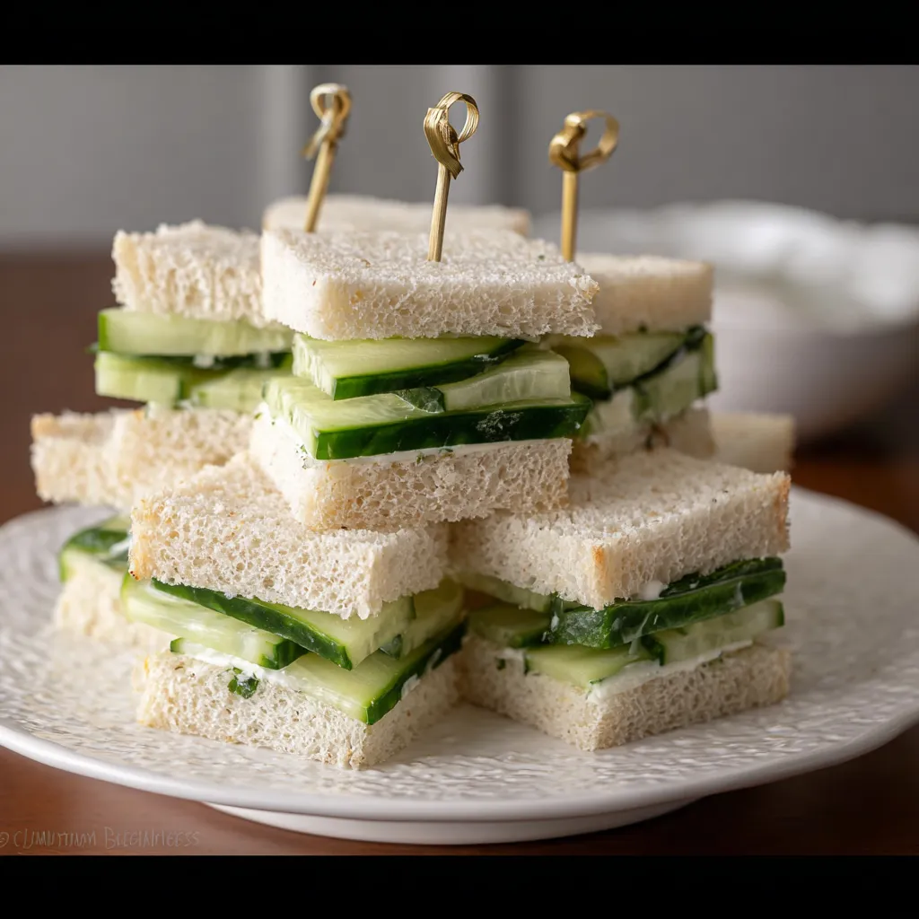 A stack of sandwiches with cucumber slices on top.