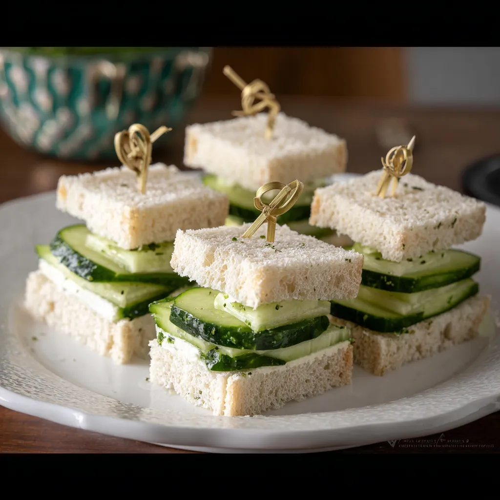 A plate of sandwiches with cucumber and gold toothpicks.