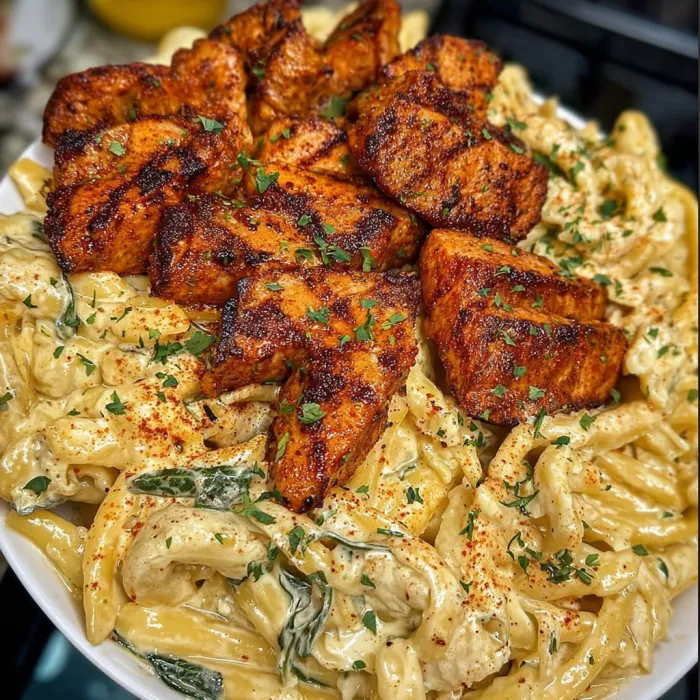 A plate of food with chicken, pasta, and vegetables.
